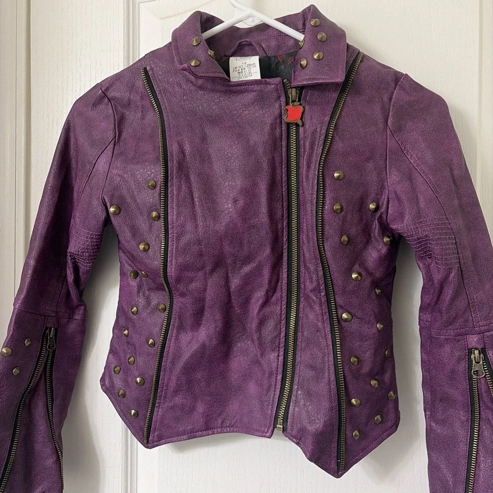 Disney Kids Mal-Descendants Moto Studded Purple Faux Leather Jacket Size 7/8